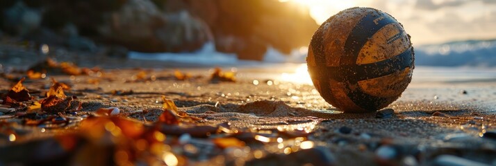 Beach ball on the sand at sunset. Close-up. Vacation Concept. Sport Concept with Copy Space. Beach...