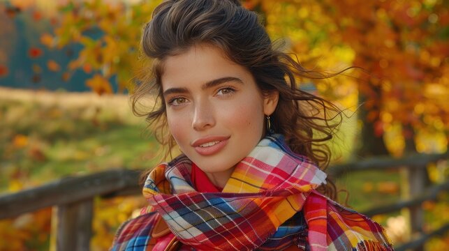a woman with a plaid scarf around her neck posing for a picture in front of a tree with fall leaves.