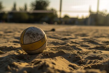 Old volleyball ball on the sand of a beach in the evening. Vacation Concept. Sport Concept with...