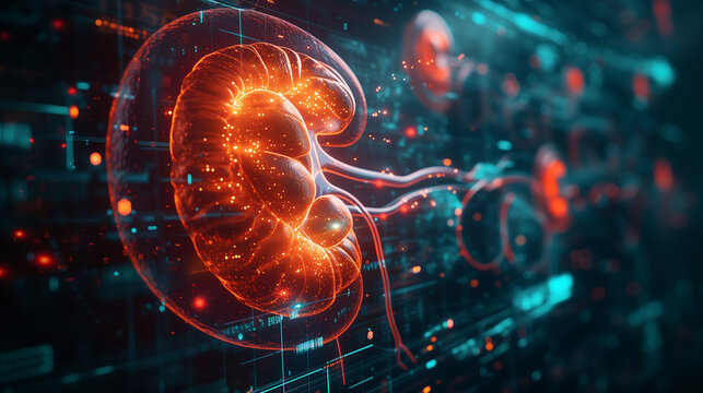 3D rendering of Digital Technology and Human Anatomy, Body, Heart, lungs, kidney, brain, Science Elements in a Blue Futuristic Environment