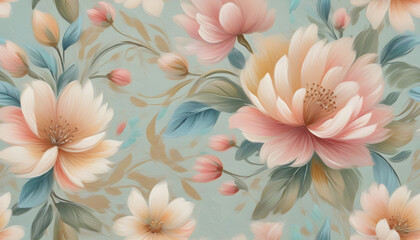 oil-drawn painted floral background or wallpaper with large inflorescences and petals in vintage...