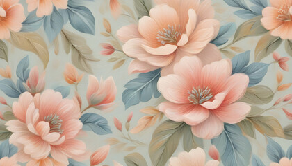 oil-drawn painted floral background or wallpaper with large inflorescences and petals in vintage style and delicate soft colors - obrazy, fototapety, plakaty