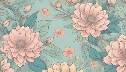 organic background - drawn floral paper wallpaper ornament, soft flowers on a green background