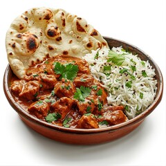 Savory Chicken Tikka Masala with Fluffy Basmati and Charred Naan, White Background