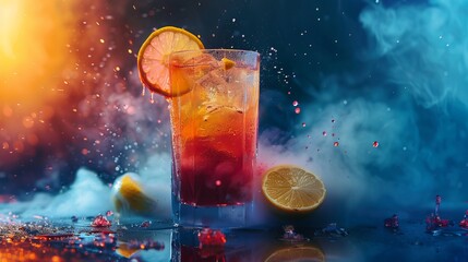 Cocktail in a glass, brightly colored with lemon and splatters on a black background. Entertainment for party clubs. Uneven lighting