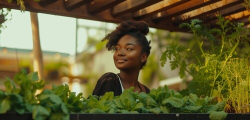 Portrait of a beautiful woman in an urban garden. A female student is learning and working, taking care of vegetable plants and seedlings. Banner with copy space.  - obrazy, fototapety, plakaty