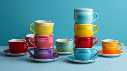 arrangement of vibrantly colored ceramic mugs arranged atop a circular saucer on a blue background