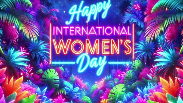 International Women's Day - Neon lettering on tropical color background