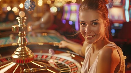 Pretty lady winning at the casino, collaged on a creative background with a flying chip token, a roulette wheel, and a golden crown.