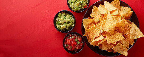 Chips and dip with salsa, cheese, guacamole and sour cream on red background Top view space to copy. - obrazy, fototapety, plakaty