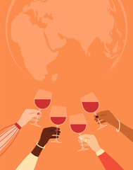 Hands of women of different nationalities and skin tones holding glasses of red wine with Earth globe on background. Vector illustration in flat style - obrazy, fototapety, plakaty