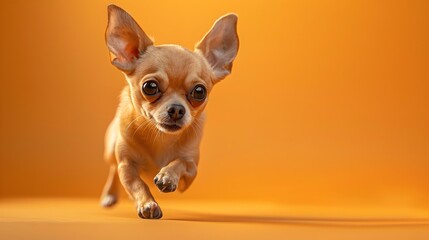 Energetic Chihuahua Running on Colorful Orange Background