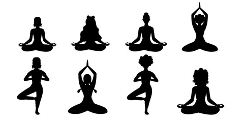 Set silhouette of woman sitting in yoga pose