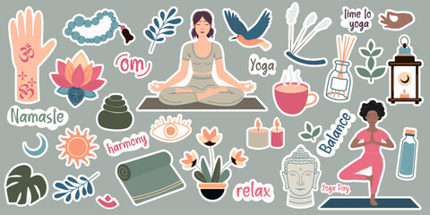 Set of yoga stickers in flat style