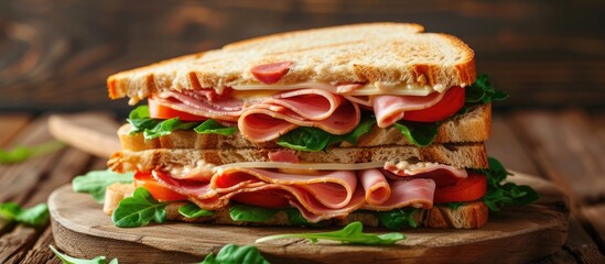 A ham and lettuce sandwich is neatly arranged on a wooden cutting board. The sandwich features layers of ham, crisp lettuce, and possibly other ingredients.