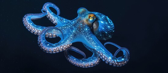 A blue Octopus cyanea, commonly found on Red Sea reefs, is seen floating in the water. Its tentacles are gracefully moving as it glides through the ocean.
