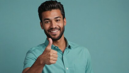 A cheerful man with a goatee giving a thumbs up, blue background. His inviting smile and casual style convey approachability and positivity. - obrazy, fototapety, plakaty
