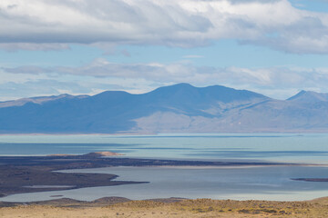 Lake Viedma with surrounding mountain landscape in El Chalten, Argentina. Seen from Condor viewpoint