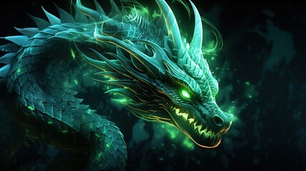 Green fantastic dragon on a dark background Generative AI