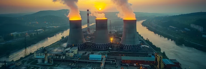 Crédence de cuisine en verre imprimé Rotterdam sunset in the mountains,Three cooling towers closed-loop system at a power, Netherlands rotterdam smoke rising from coal fired power station 