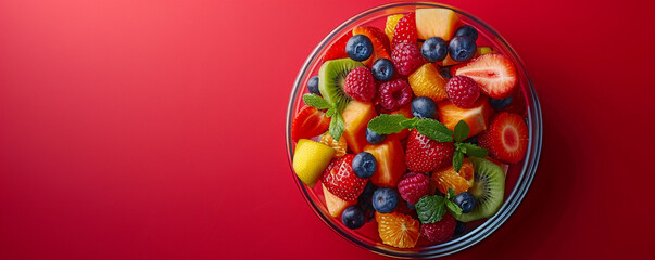 Colorful fruit salad in a glass bowl on a vibrant red backdrop Top view space to copy.