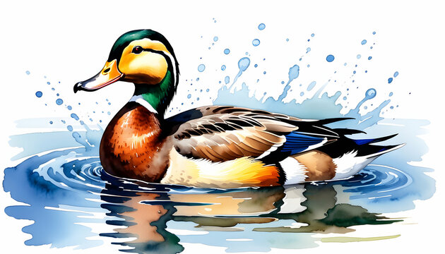 duck swimming in a lake in watercolor painting artistic