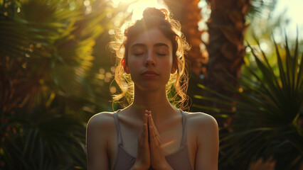 Harmony Outdoors: Beautiful Woman Practicing Meditation in a Tranquil Green Landscape