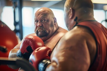 A focused individual in a gym with boxing gloves during an intense workout. - obrazy, fototapety, plakaty