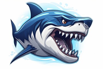 Naklejka premium Blue shark head splash cartoon mascot character with esport logo icon illustration