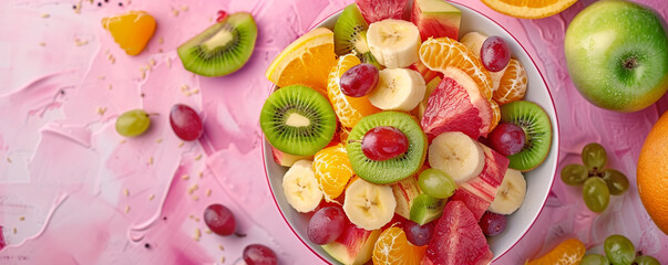 Colorful fruit salad with kiwi, banana, orange, apple and grapes on rainbow background Top view...