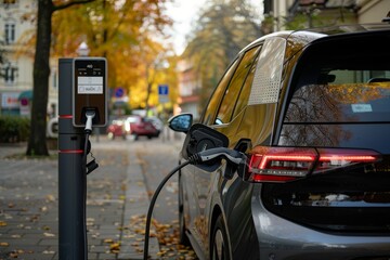A modern electric car is being charged at a public charging station on a street surrounded by autumn foliage.