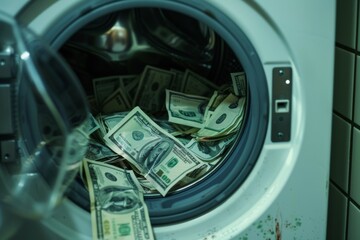 A washing machine filled with US dollar bills, visually representing money laundering. - obrazy, fototapety, plakaty