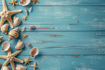 collection of seashells and starfish scattered on a weathered turquoise wooden surface evoking a beachy summertime vibe.