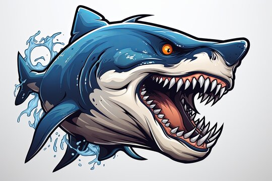 Blue shark head splash cartoon mascot character with esport logo icon illustration
