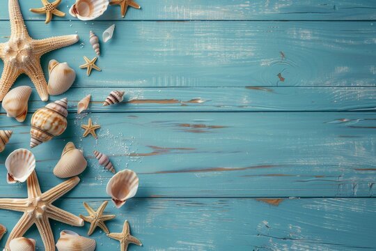 collection of seashells and starfish scattered on a weathered turquoise wooden surface evoking a beachy summertime vibe.