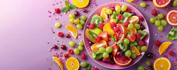 Colorful fruit salad with kiwi, orange, and grapes on purple background Top view space to copy
