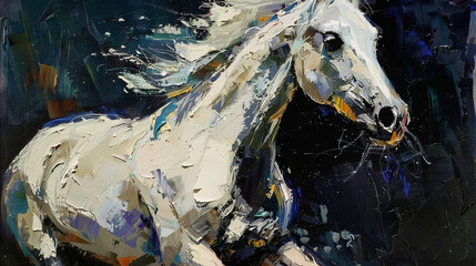 white horse close-up horizontal oil painting, home poster decor, impasto, printable interior wall art