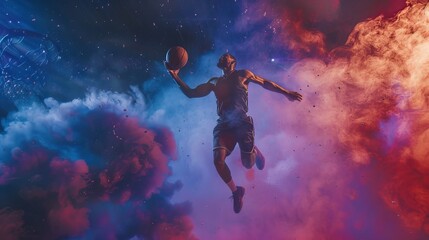 Basketball player in a creative studio shot, utilizing colored gels, projector lights, and jumping with a ball