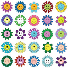 Groovy flower cartoon characters set with eyes and smile. Retro trippy style Hippie flowers, cute vintage style, retro flowers with faces, emojis, smiles. Set of vector illustrations.