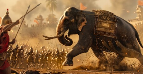 With powerful strides a Mauryan war elephant breaks through enemy lines trampling all in its path as its rider brandishes a spear with deadly force. - obrazy, fototapety, plakaty