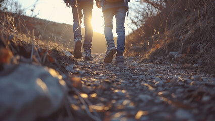 Nature’s Path: Ground View of Teenagers Walking on a Trail at Sunset