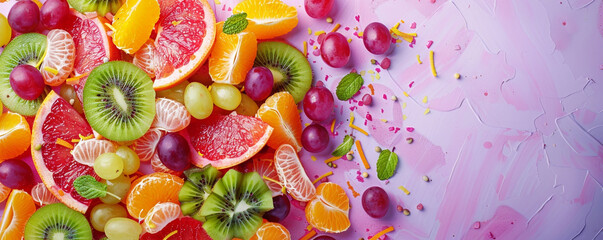 Colorful fruit salad with kiwi, orange, and grapes on purple background Top view space to copy