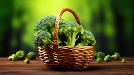 Fototapeta na wymiar Beautiful broccoli in a basket on a wooden background