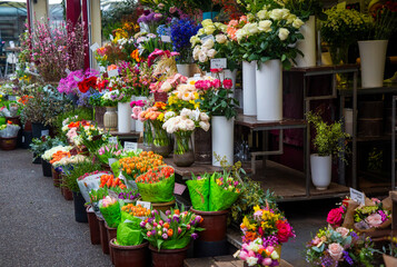 Dusseldorf - Germany - February 15, 2024,  Florist flower stall at Carlsplatz market - outdoor...
