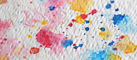 This close-up shot showcases vibrant paint splatters on a piece of white handmade paper, creating a visually striking and artistic composition. The paint has been splattered in intricate patterns