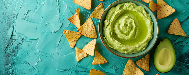 Creamy avocado hummus in a ceramic dip bowl surrounded by pita chips on a turquoise surface Top view space to copy. - obrazy, fototapety, plakaty