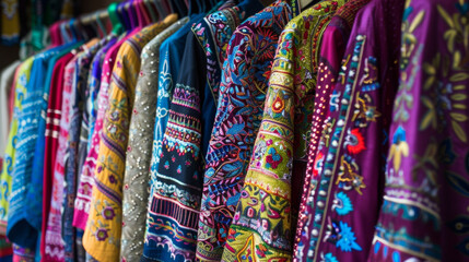 Sales and discounts in local markets for traditional clothing pieces such as embroidered tunics long skirts and hijabs.