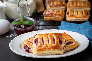 Miniature Danish Pastries with cherry, close up