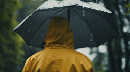 A solitary figure in a yellow raincoat stands amidst rain, embodying a moment of reflection.