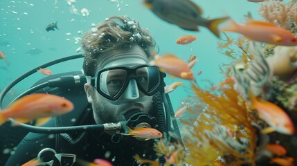 diver diving in coral reef among colorful marine life and tropical fish, closeup